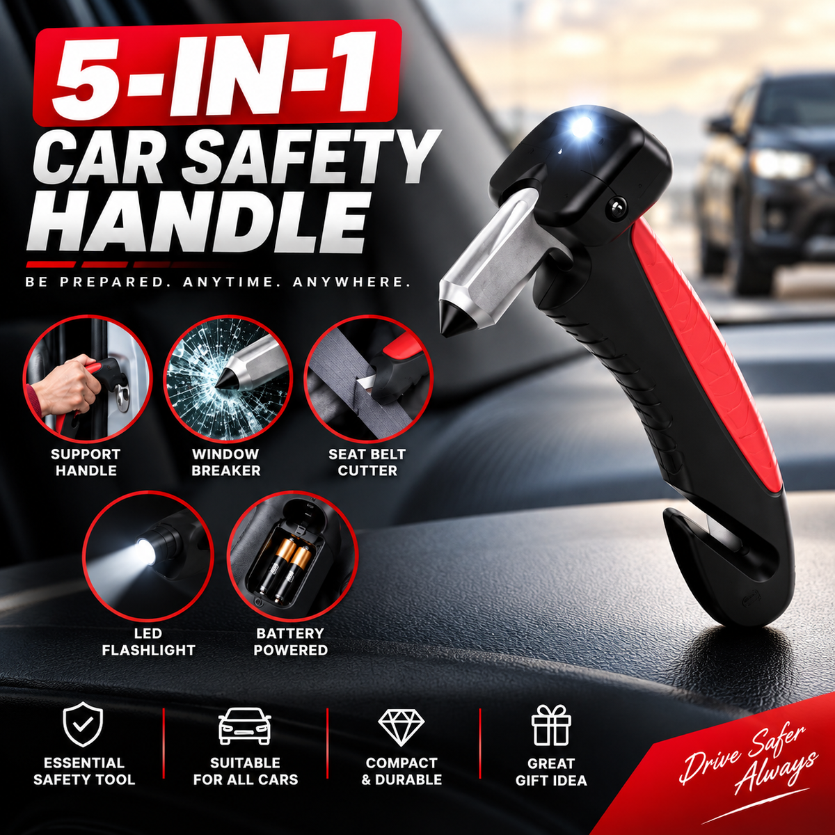 5-in-1 Car Safety Handle with Window Breaker & Seat Belt Cutter